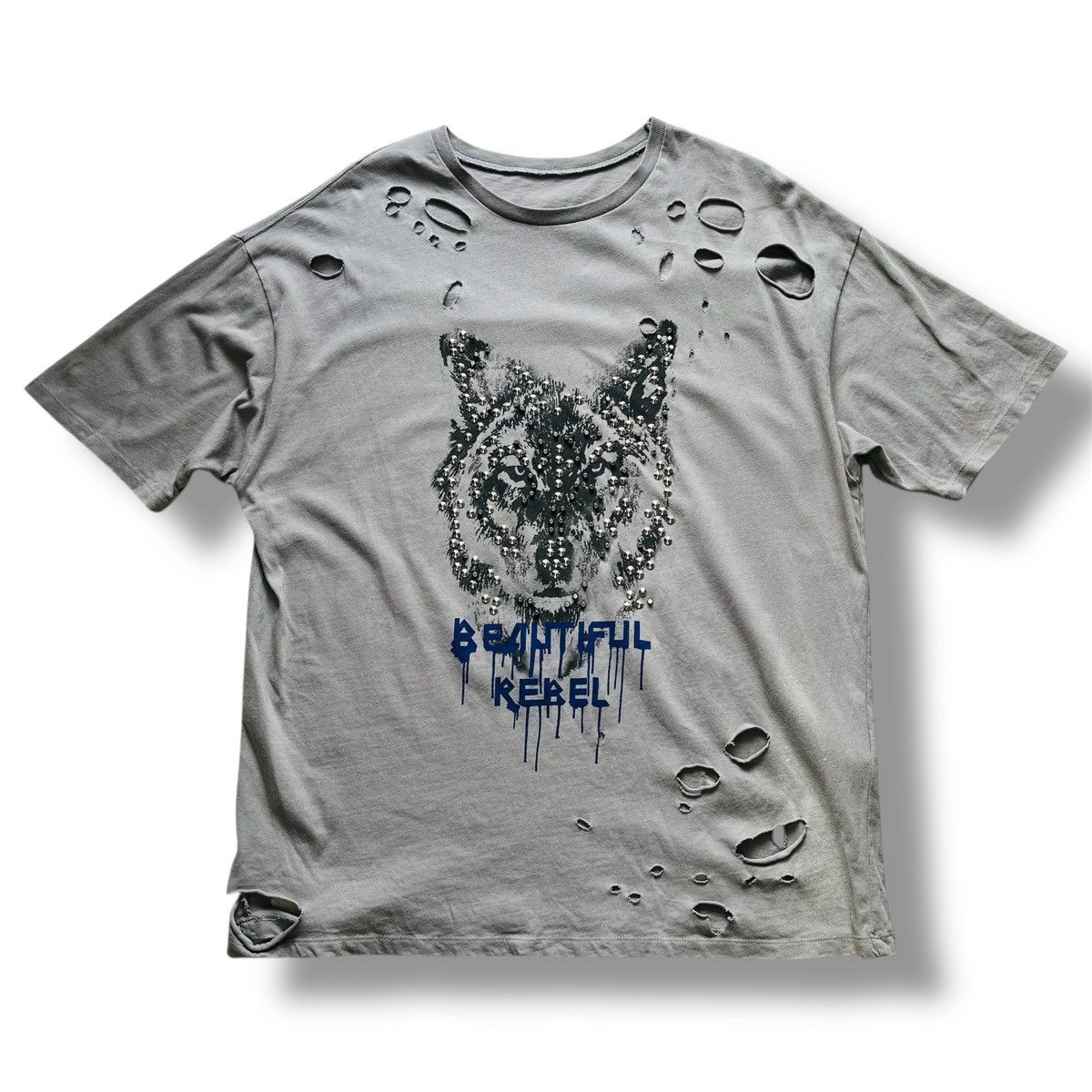 Massimo Dutti Distressed Inditex Beautiful Rebel Stones Fox Ripped TShirt Size US XL / EU 56 / 4 - 1 Thumbnail