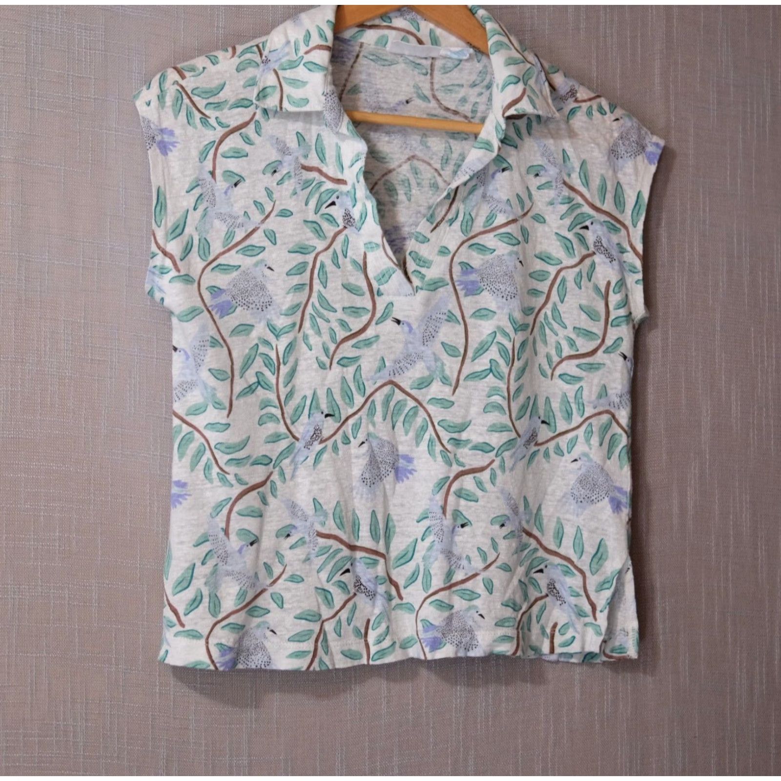 Vintage Nwot! Cynthia Rowley Top White/Green Leaves/Bird Print 100% Linen Size S Size S / US 4 / IT 40 - 2 Thumbnail