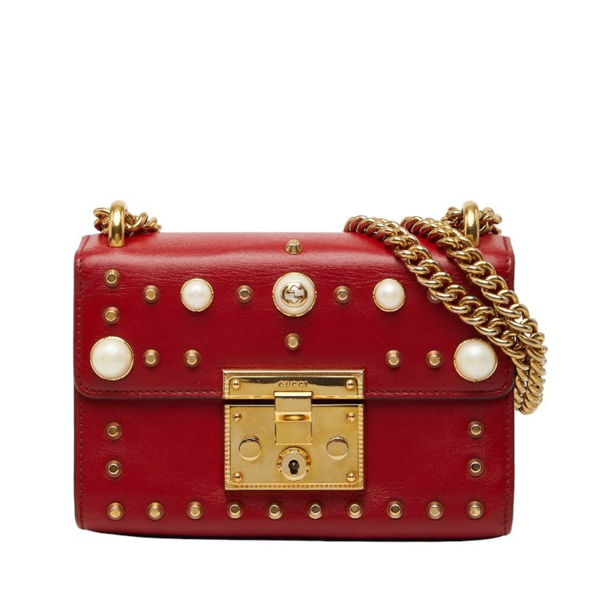Gucci Padlock Stud Chain Shoulder Bag 432182 Red Leather Women's Gucci
