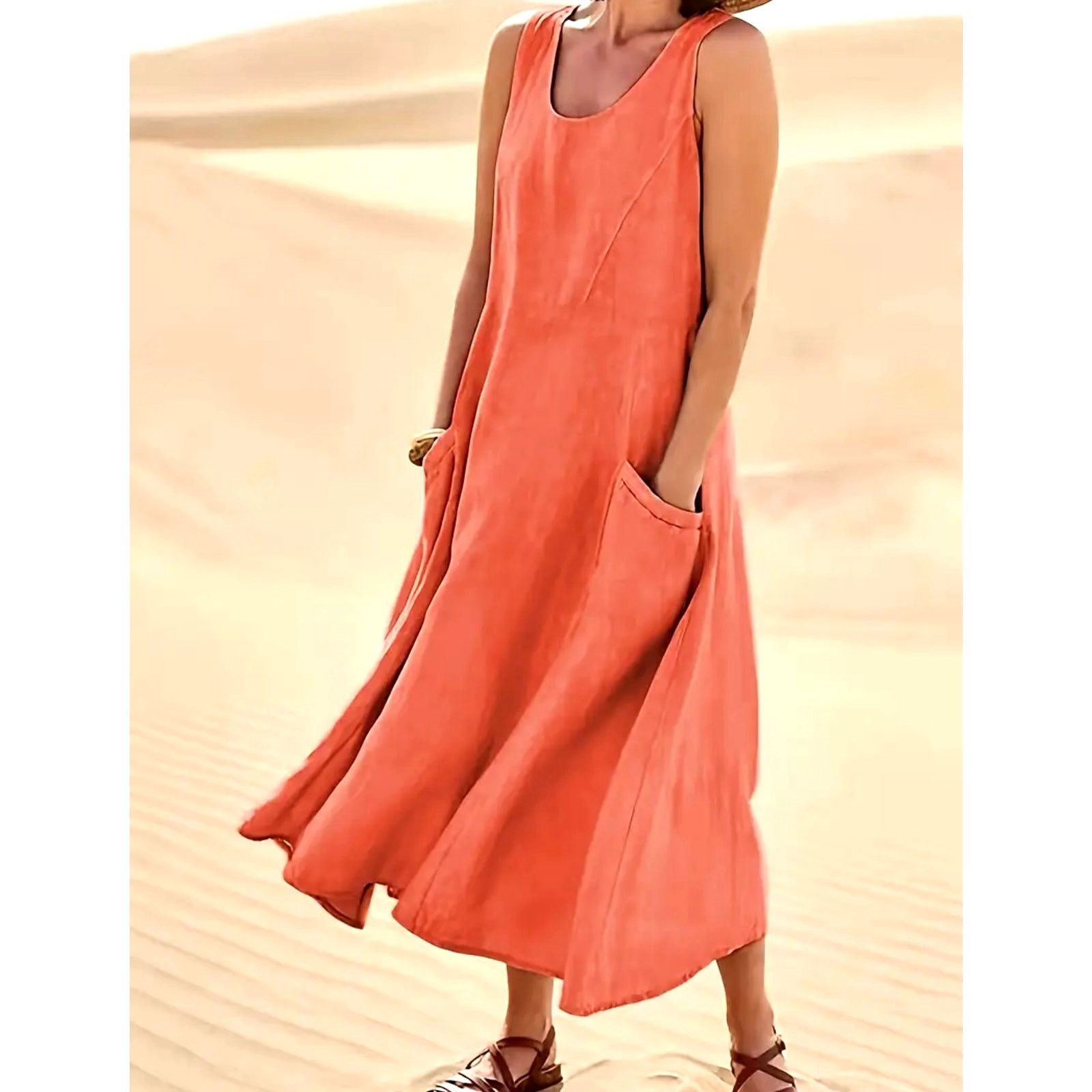 Other Sleeveless 100% Cotton Midi Dress Pockets Coral size 8/10 Size L / US 10 / IT 46 - 2 Thumbnail