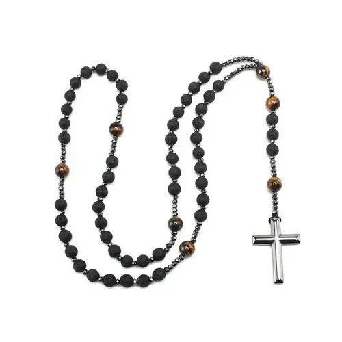 Jewelry Natural Lava Stone Tiger-eye Hematite Cross Pendant Necklace Size ONE SIZE - 4 Thumbnail