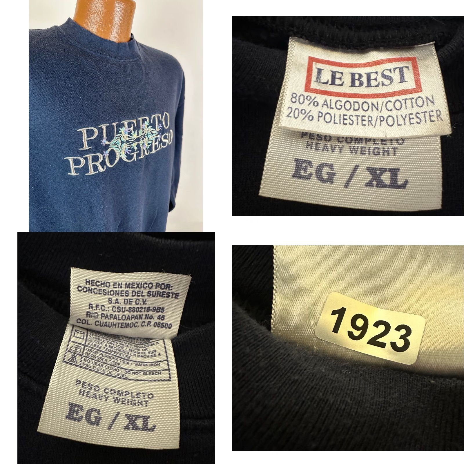 Vintage VINTAGE Puerto Progreso Sweatshirt XL Navy Embroidered 90s Cotton Blend Knit Crew Neck Pull over Men Size US XL / EU 56 / 4 - 8 Thumbnail