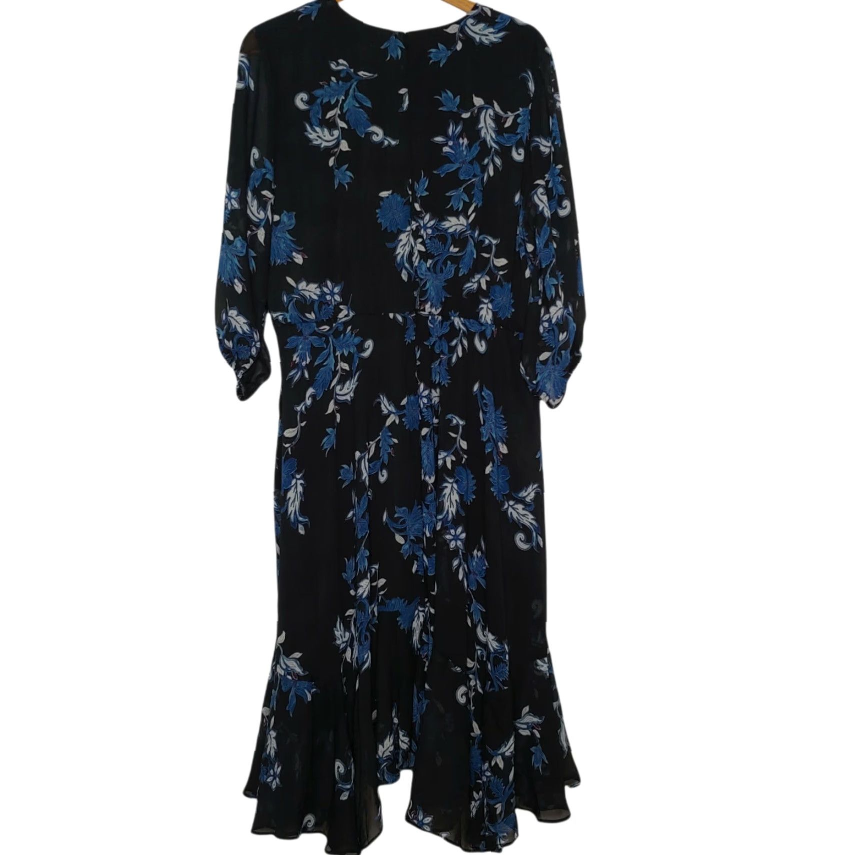 Vintage Lane Bryant Dress Women 22 Black Blue Floral Sheer Long Sleeve Party Ruffle Keyhole Blouson Womens Size 3XL / US 20-22 - 2 Thumbnail