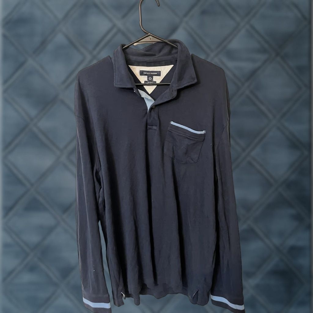 Tommy Hilfiger TOMMY HILFIGER Men's Custom Fit Long Sleeve Polo Shirt XL Navy Blue Solid 100% Cotton Size US XL / EU 56 / 4 - 1 Thumbnail
