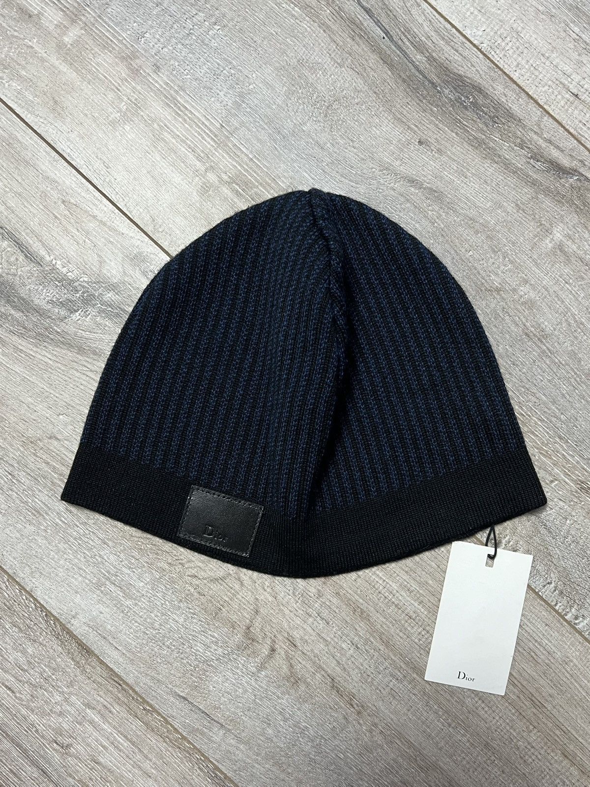 image of Dior Hat 100% Wool Leather Patch Logo Striped Black/blue, Men's