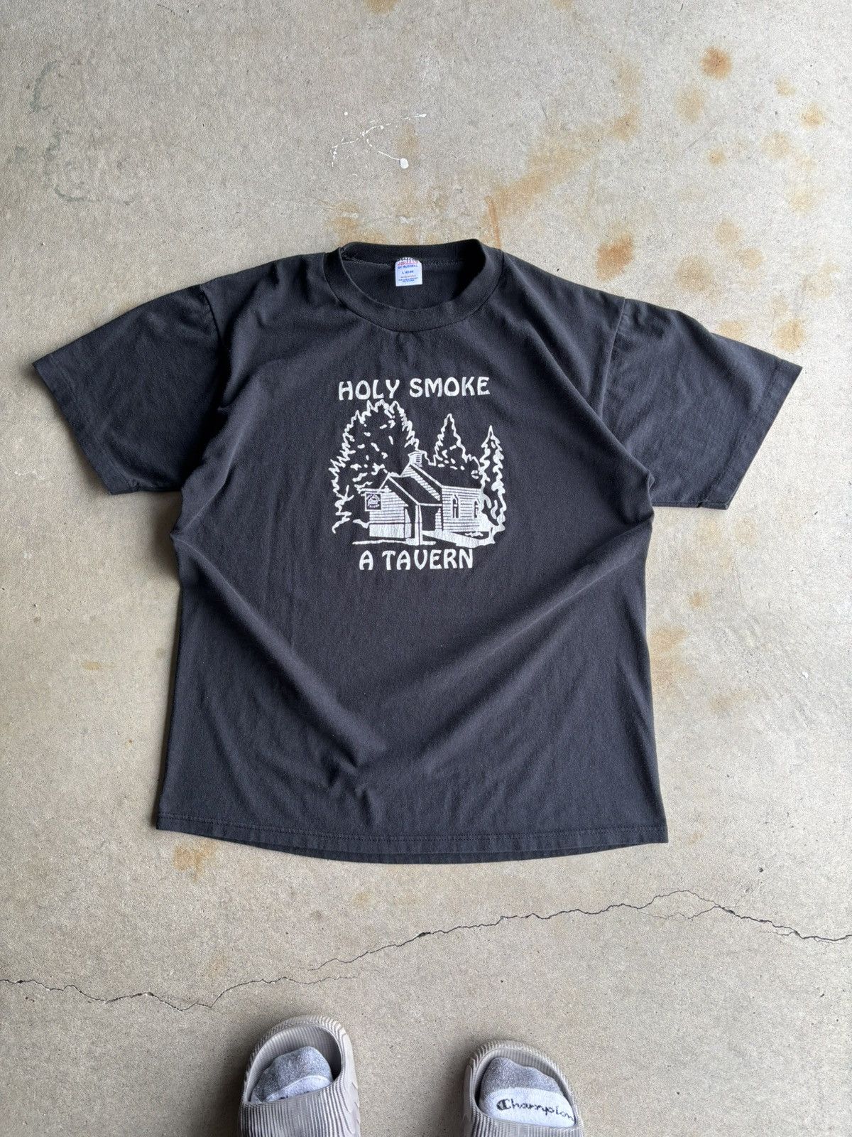 Jerzees Vintage 80s Holy Smoke Tavern Faded Black Grunge Boxy Tee Size US M / EU 48-50 / 2 - 1 Thumbnail