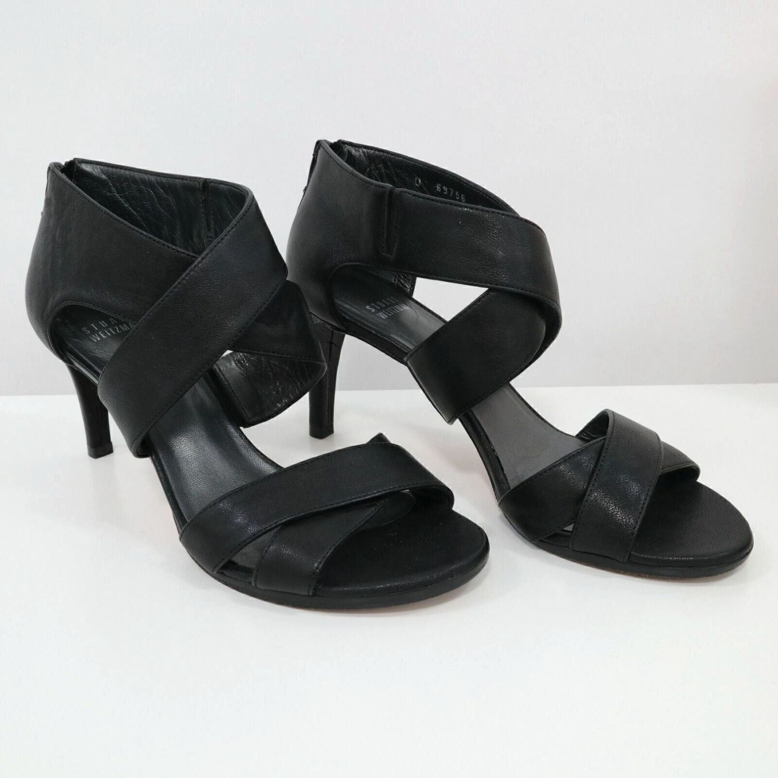 image of Stuart Weitzman Sandals High Heel Shoes Womens 8M Black Leather Cross Straps Zipper in White