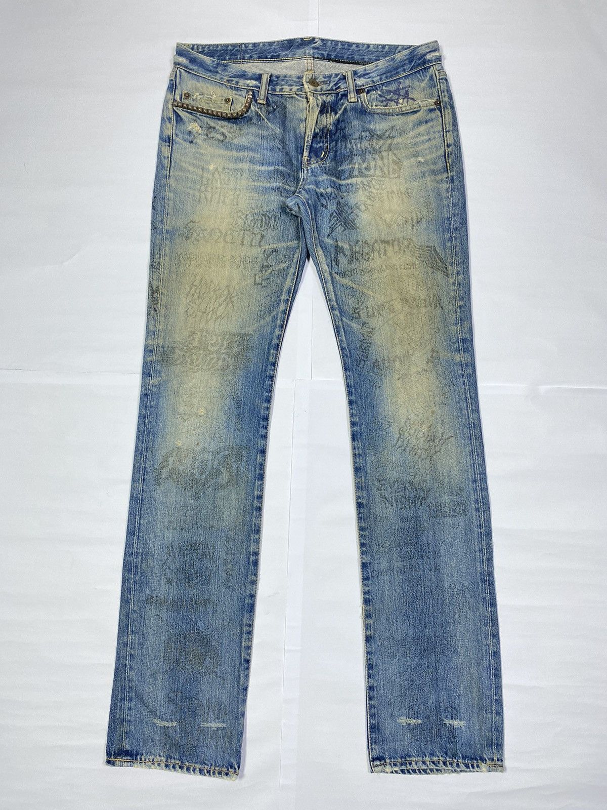 image of Hysteric Glamour Distressed Printed Jeans in Blue Denim, Men's (Size 34)