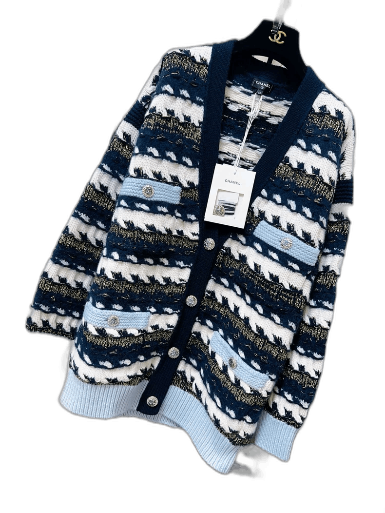 Chanel CHANEL 22B Blue White Stripe Knit Cardigan Size M / US 6-8 / IT 42-44 - 1 Thumbnail