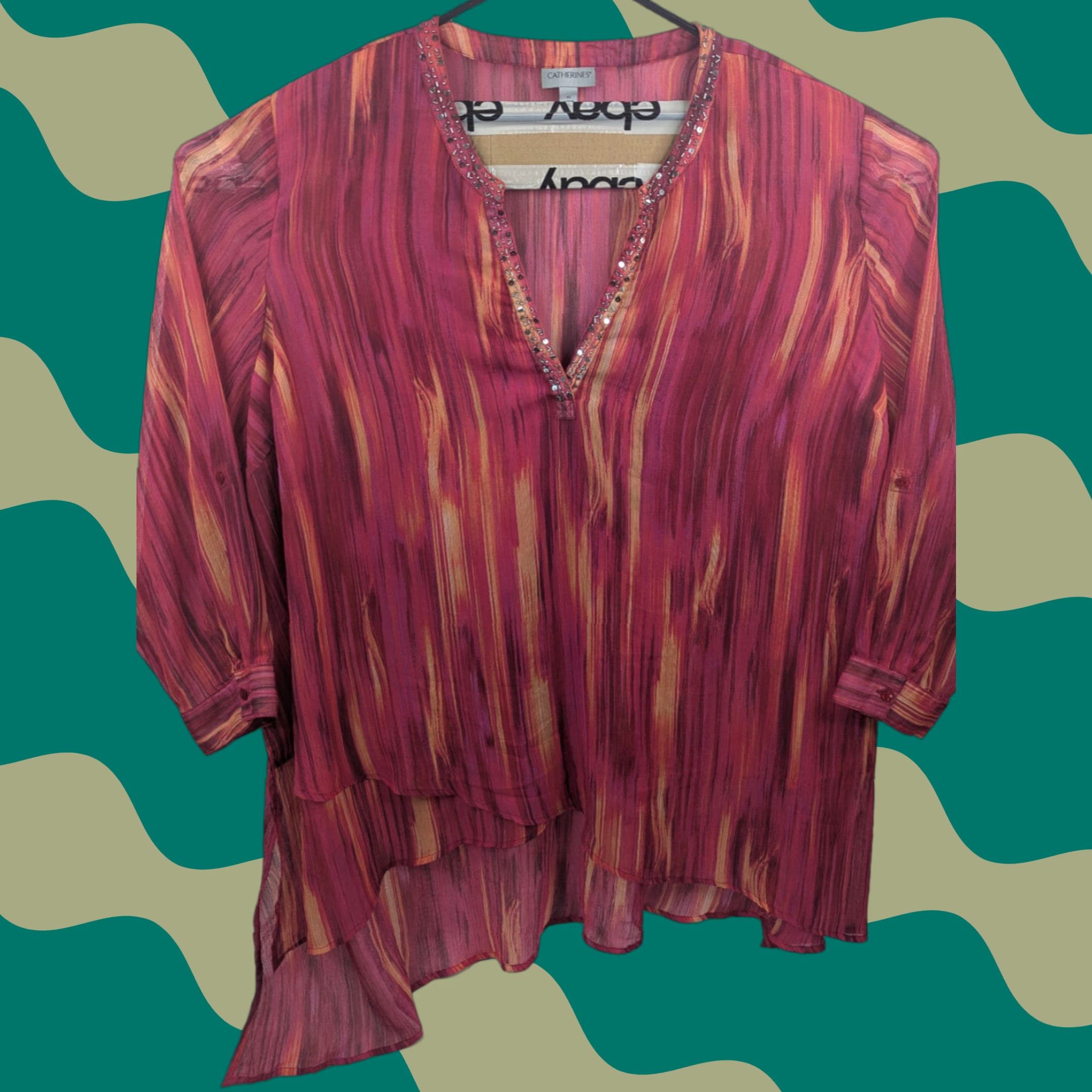 Vintage Catherines Pink Burst Ikat Texture Beaded Sequin Tunic Top 4X Pink Red Chiffon Long Sleeve V-Neck Pullover Blouse Plus Size Women Mens? Size XXL / US 16-18 / IT 52-54 - 1 Thumbnail