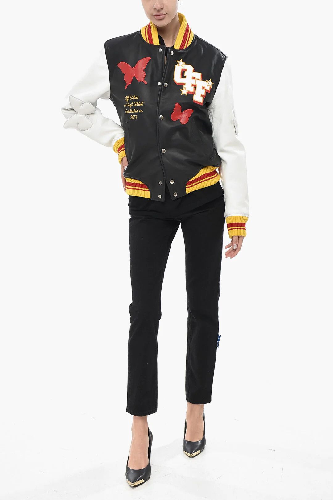 Off-White og1mm0426 Two-Tone Leather Bomber Jacket in White & Black Size XS / US 0-2 / IT 36-38 - 4 Thumbnail