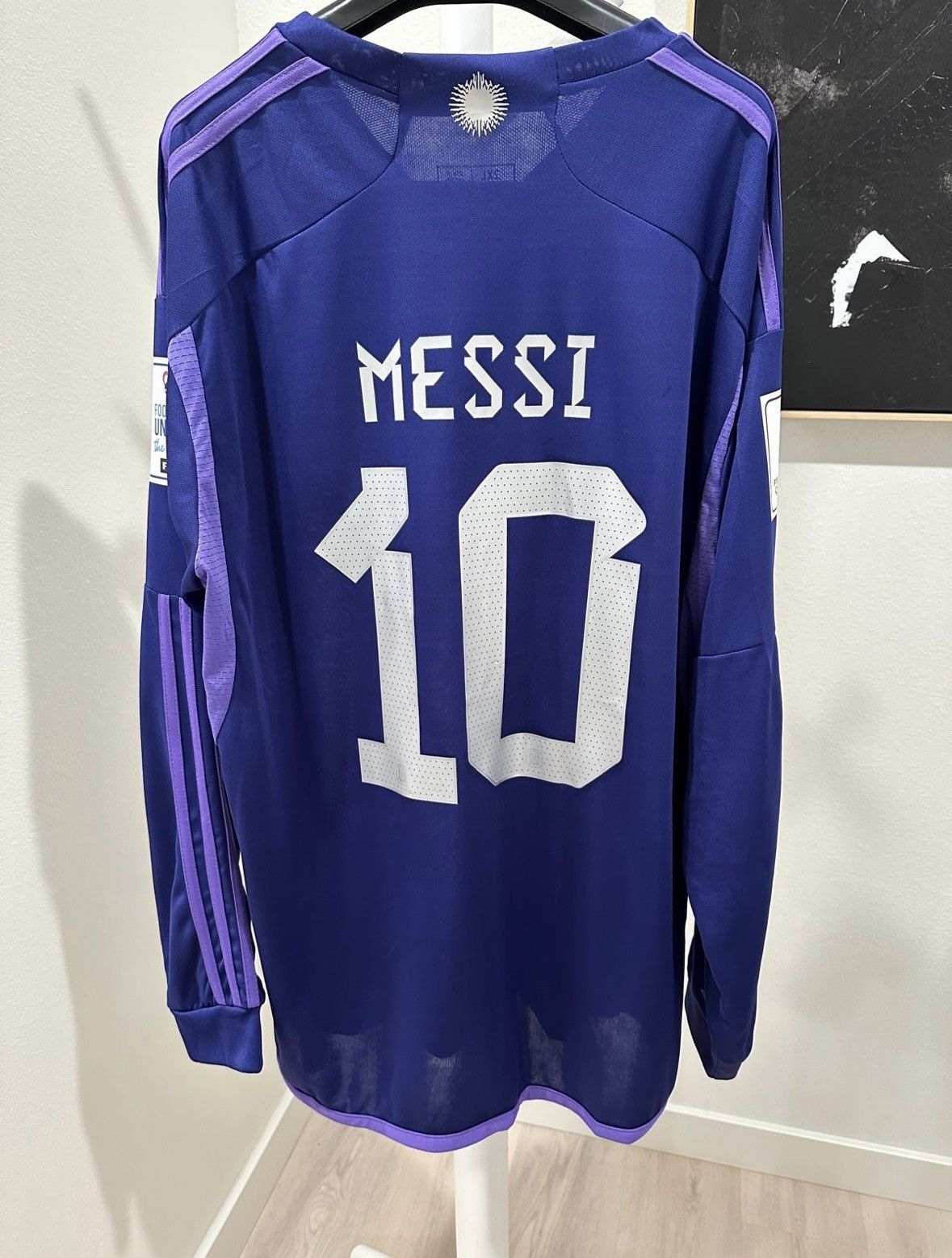 image of Adidas 2022-23 Argentina Away Lionel Messi World Cup Soccer Jersey in Purple, Men's (Size 2XL)