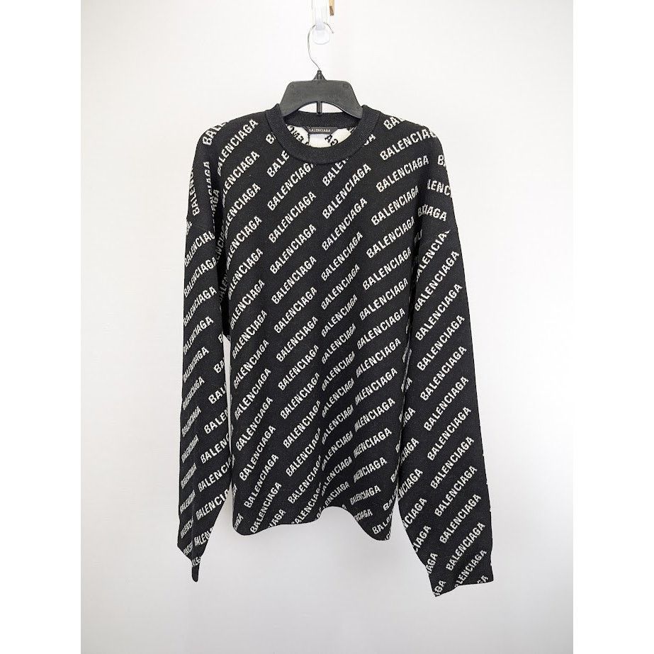 Balenciaga o1rshd1 Q:2 / All Over Logo Sweater in Black Size US L / EU 52-54 / 3 - 2 Thumbnail