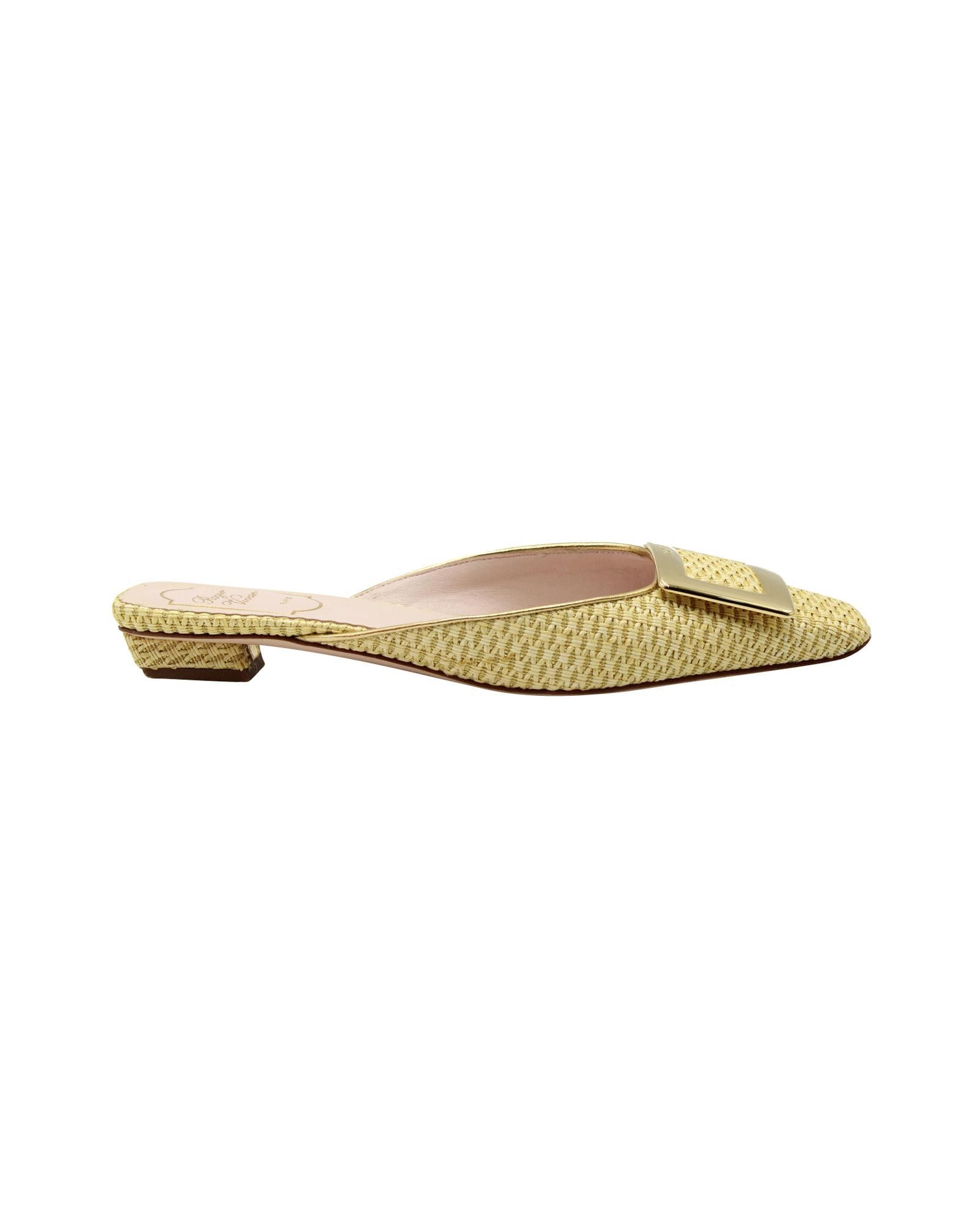 image of Roger Vivier Yellow Tweed Gold Buckle Mule Shoess Shoes, Women's (Size 7)