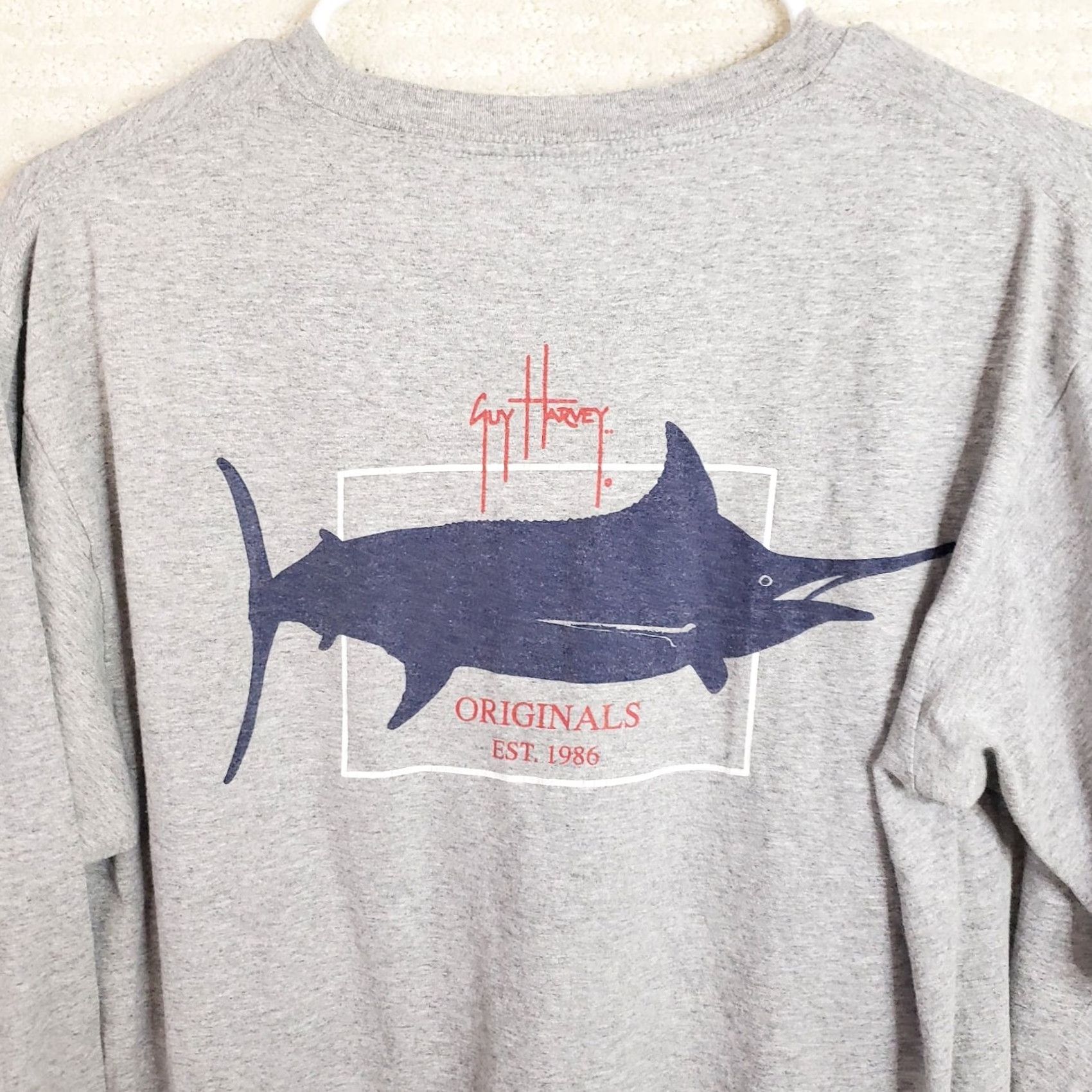 Guy Harvey Guy Harvey Long Sleeve T-Shirt Men's M Gray Marlin Back Logo Graphic Crew Neck Jersey Cotton Polyester Spandex Classic Fit Size US M / EU 48-50 / 2 - 6 Thumbnail