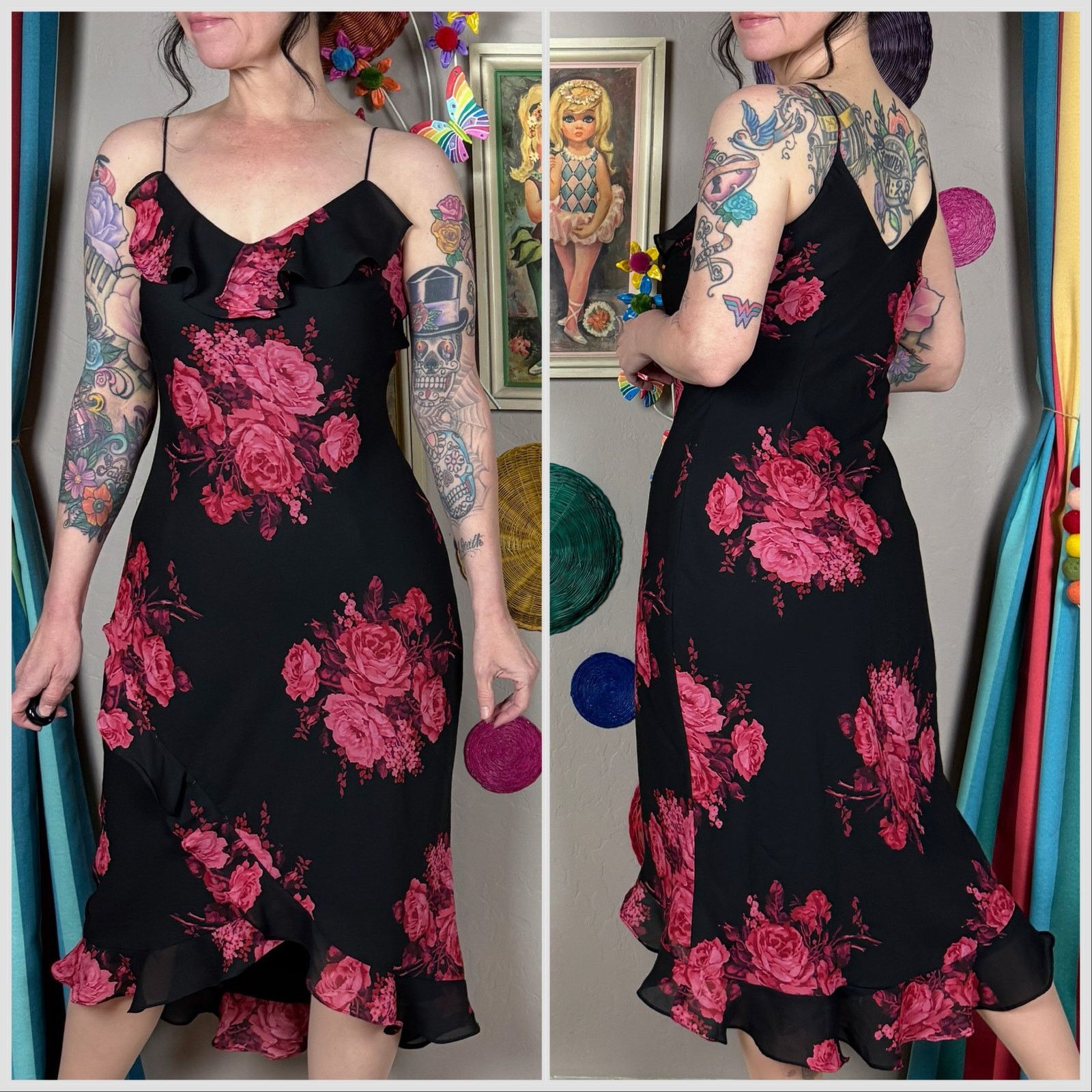 Express × Vintage Vintage Y2K Black and Pink Floral Ruffle Slipdress Size XS / US 0-2 / IT 36-38 - 3 Thumbnail