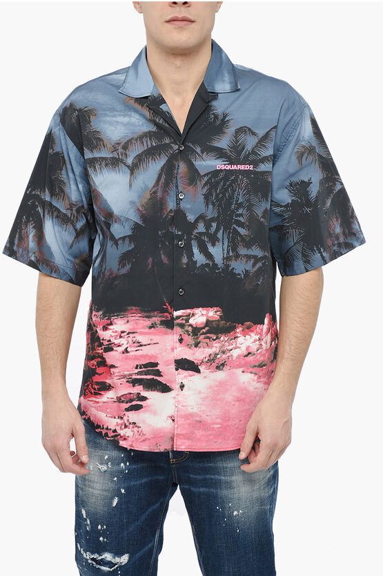image of Dsquared2 Sunrise Bowling Shirt With All Over Graphic Print in Blu/Rosa, Men's (Size XL)