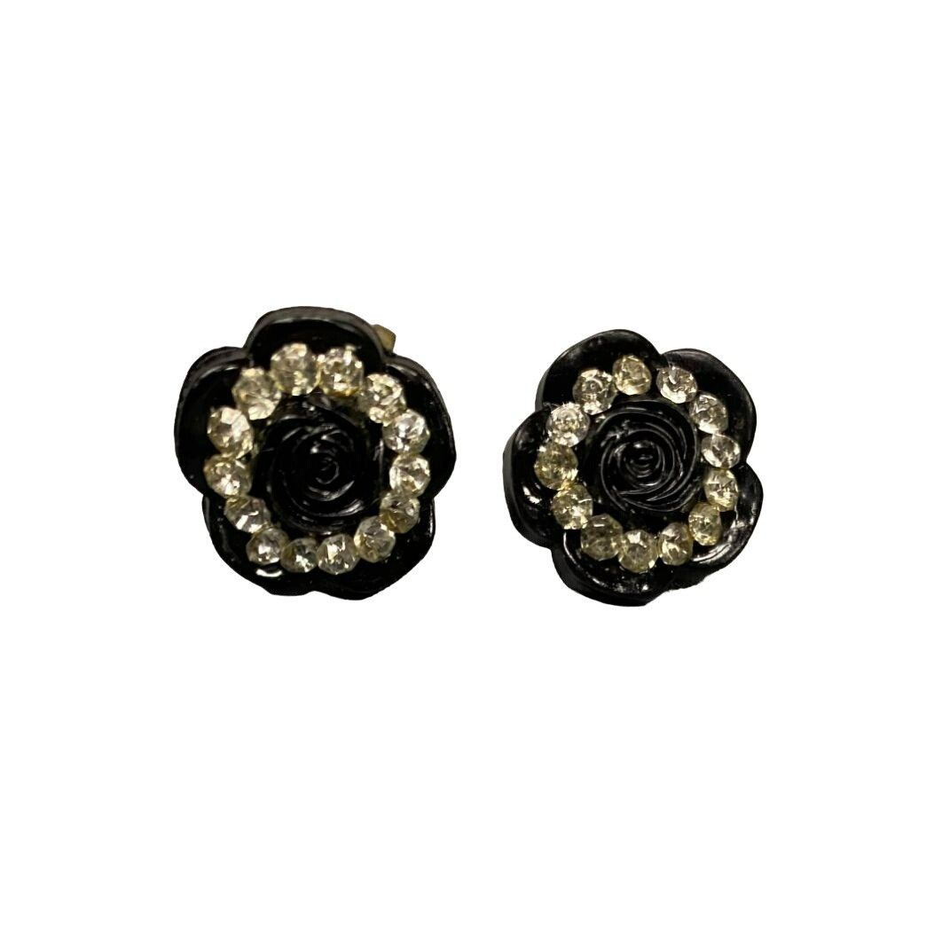 Other Vintage Black Rose Screw Back Earrings With Clear Rhinestone Size ONE SIZE - 1 Thumbnail