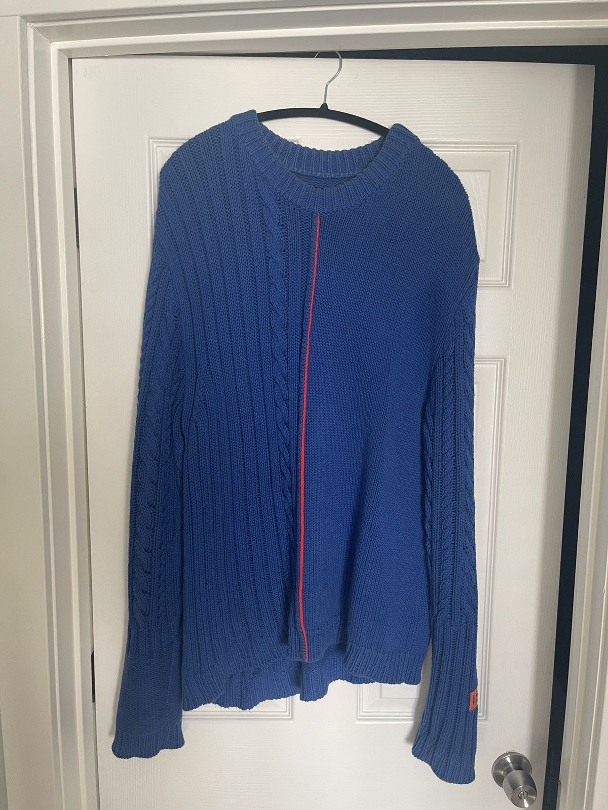 Logo Patch Cable Knit Design Switch Blue Sweater