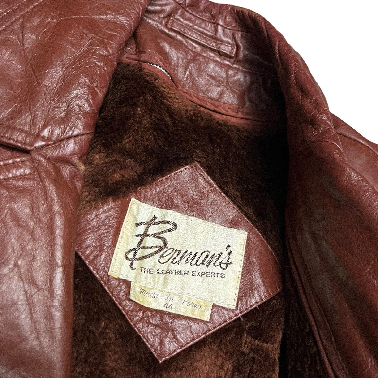 Leather VINTAGE Bermans 100% LEATHER Brown Faux Fur Fleece Jacket Size US L / EU 52-54 / 3 - 3 Thumbnail