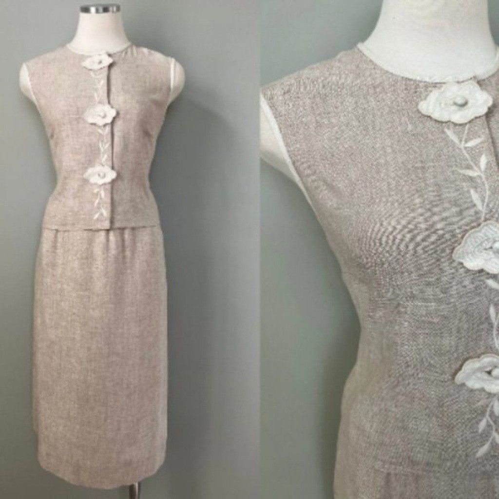Vintage Vtg 1950s Linen 2pc Embroidered Suit Skirt & Sleeveless Top Size M / US 6-8 / IT 42-44 - 2 Thumbnail