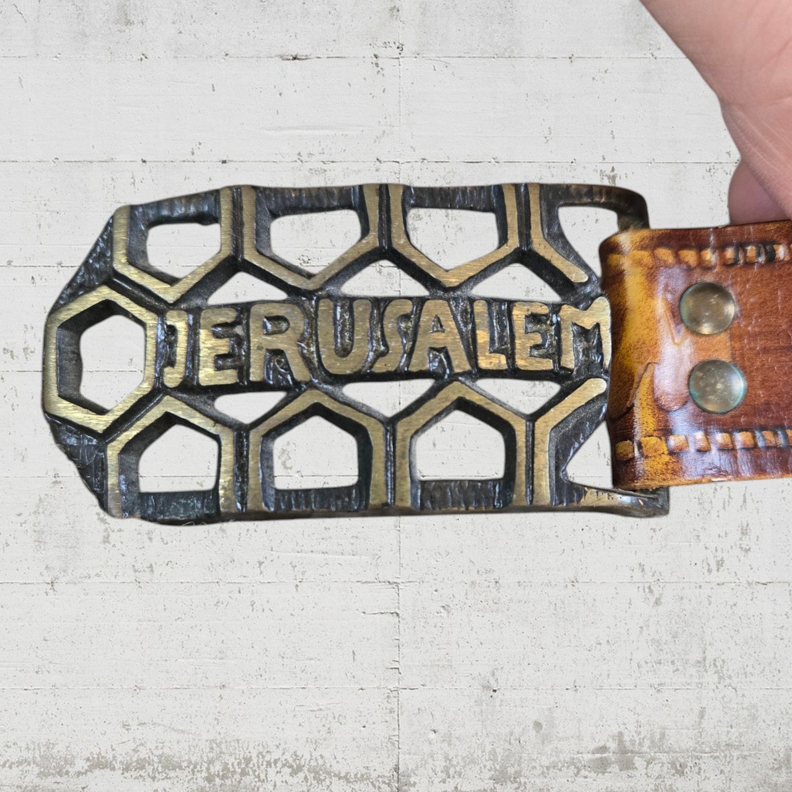 Vintage Vintage Jerusalem Pilgrim Brown Leather Brass Buckle Belt Size ONE SIZE - 2 Thumbnail