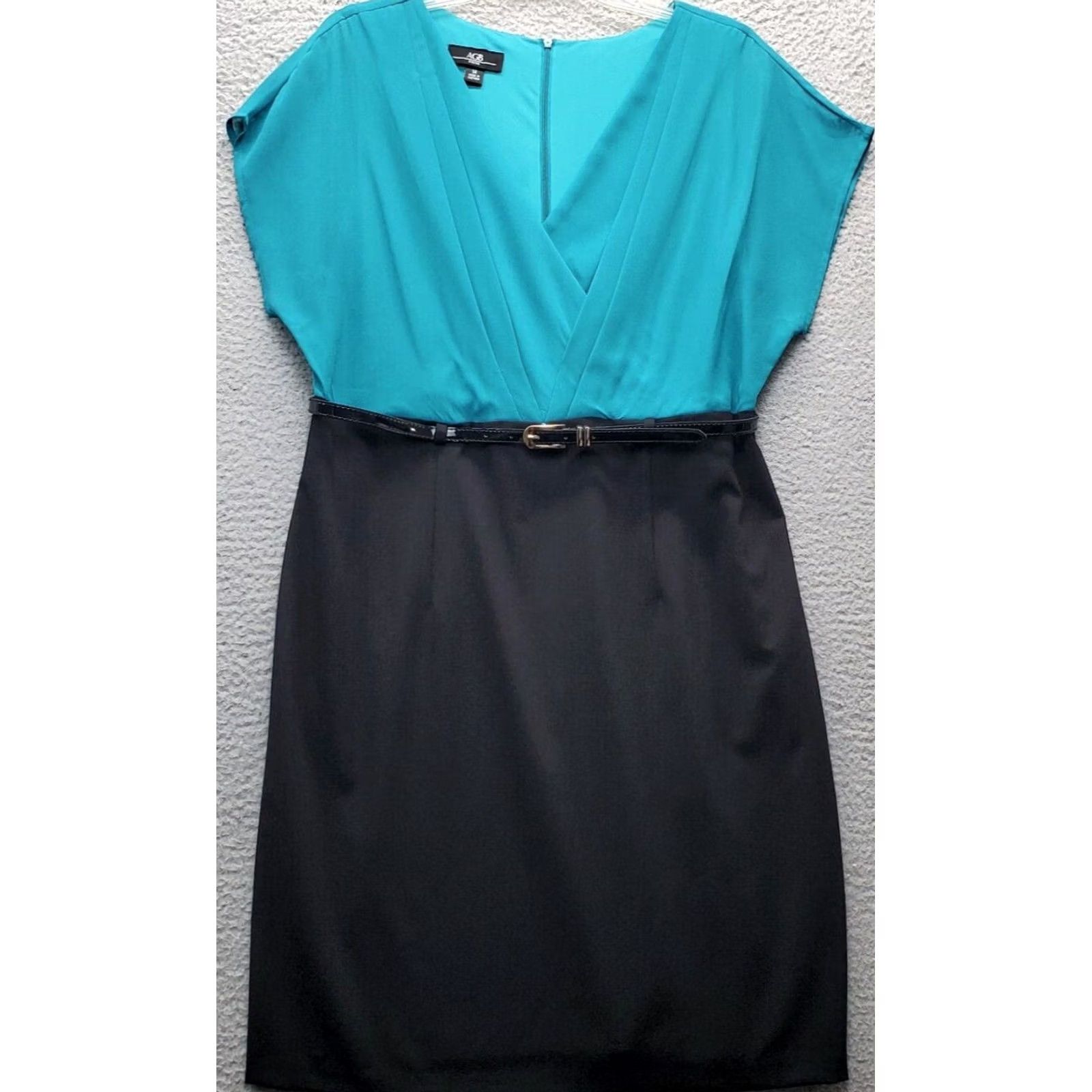 Vintage AGB Womens Size 14 Sheath Dress Green Black Belted Zip V Neck Sleeveless Back Size XL / US 12-14 / IT 48-50 - 2 Thumbnail