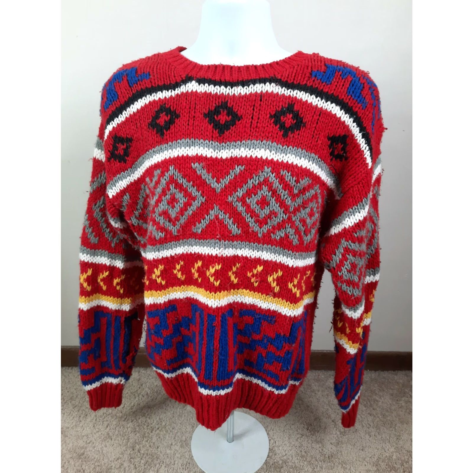 Incu VTG Inc. Men’s Crewneck Pullover Sweater Red Fair Isle 80s Knit S5 Medium (M) Vintage Size US M / EU 48-50 / 2 - 3 Thumbnail