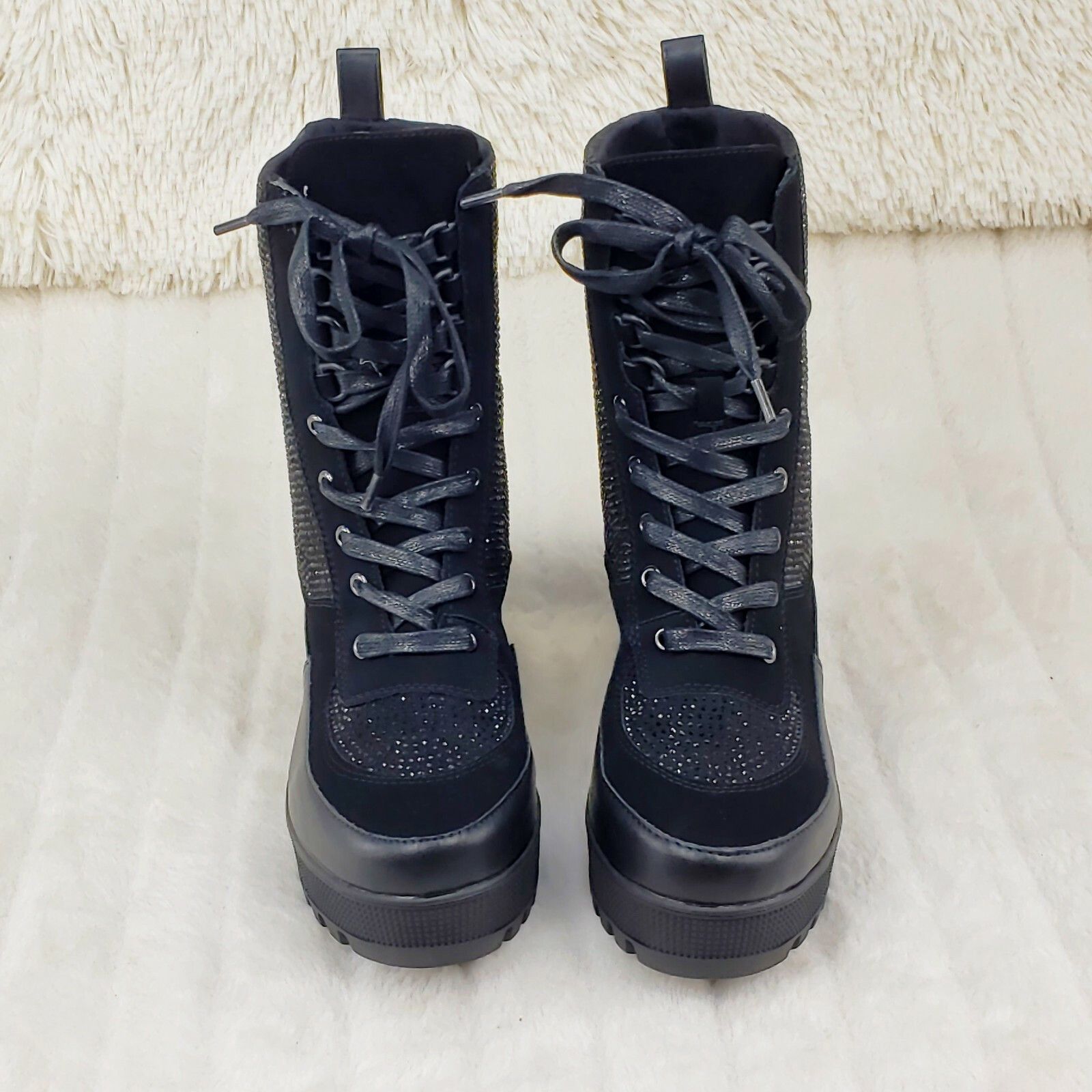 Other Diva Shine Black Rhinestone Lace Up Platform Combat Ankle Bo Size US 8.5 / IT 38.5 - 7 Thumbnail