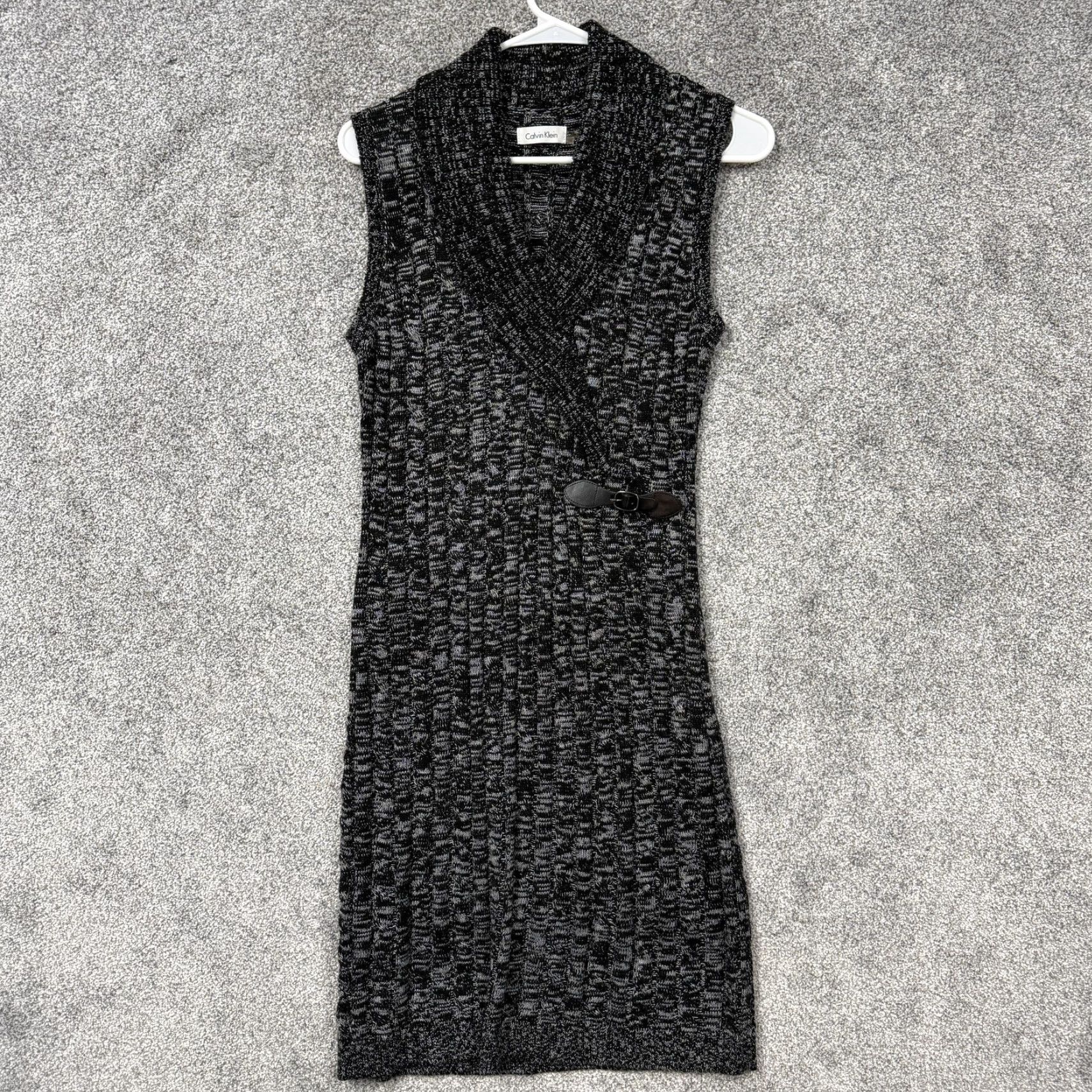 Calvin Klein Calvin Klein Sweater Dress M Black Knit Marled Buckle Office Chic Casual Sleeveless V-Neck Knee Length Women Size M / US 6-8 / IT 42-44 - 2 Thumbnail