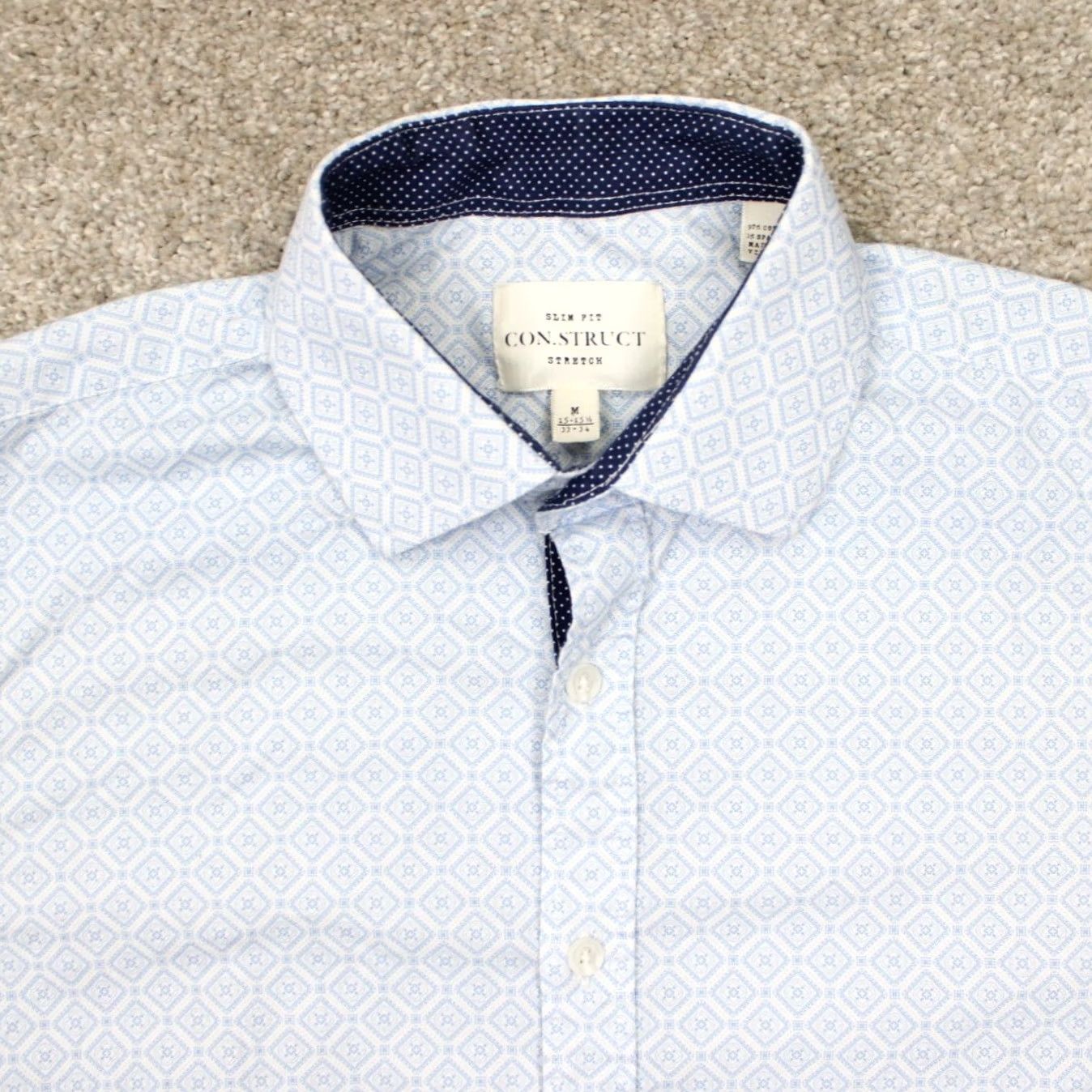 Vintage Construct Blue Slim Fit Dress Shirt Mens 15 1/2 33/34 L/S Non-Iron Quick Dry 97% Cotton 3% Spandex Button Collar Barrel Cuff Geometric Pattern Size US L / EU 52-54 / 3 - 6 Thumbnail