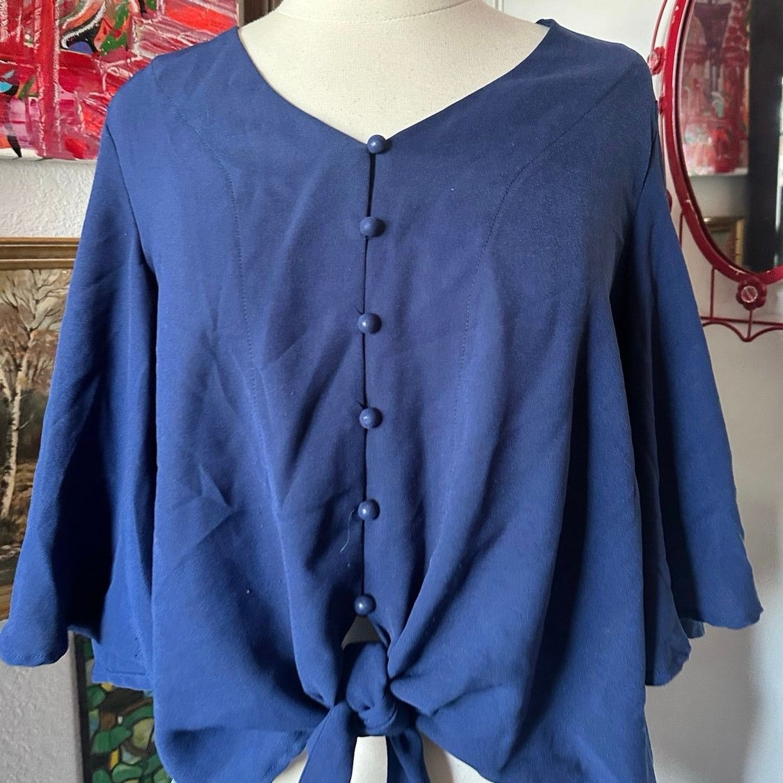 Other no brand navy blue button detail bell sleeve top Size S / US 4 / IT 40 - 2 Thumbnail