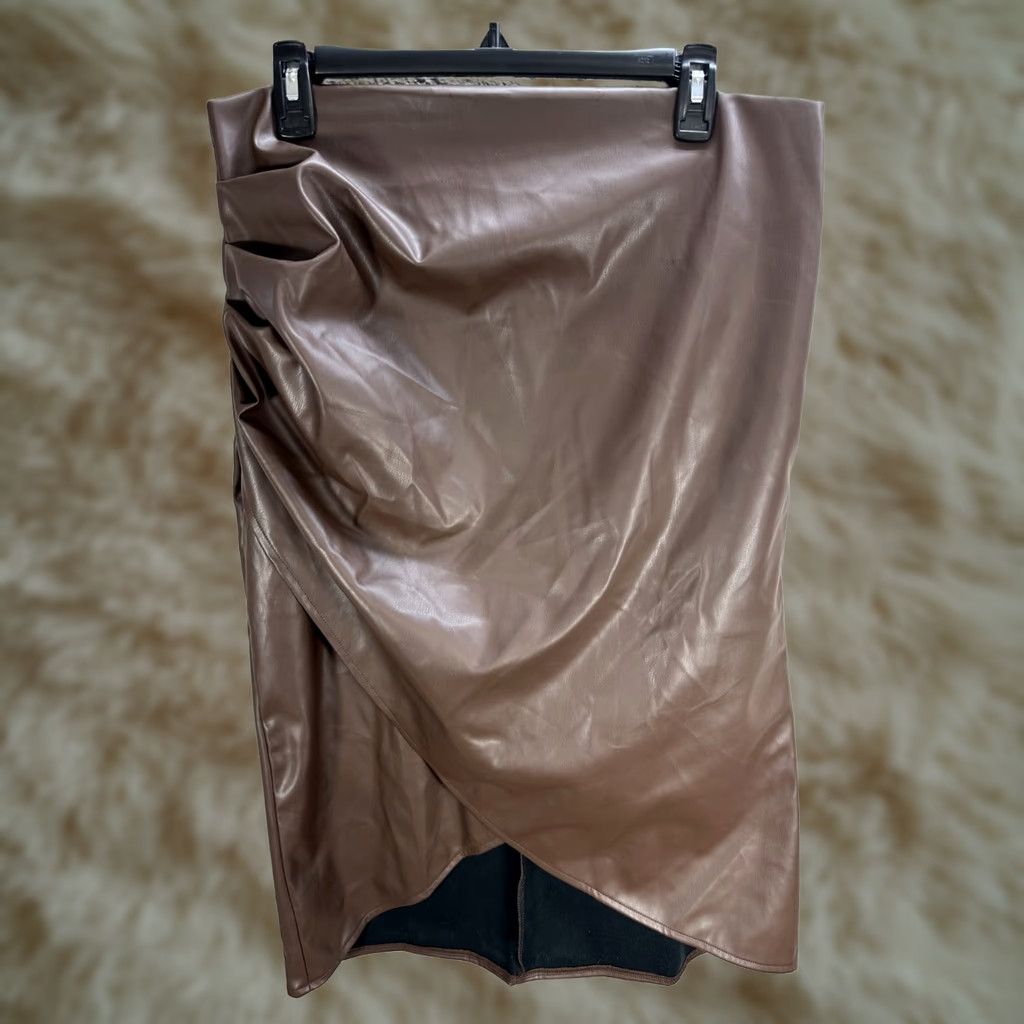 Vintage Micas Brown Faux Leather Wrap Skirt Knee Length Straight Pencil XL NWT Women Adult Size XL Wrap Style Brown NWT Skirt Size 40" / US 18 - 1 Thumbnail