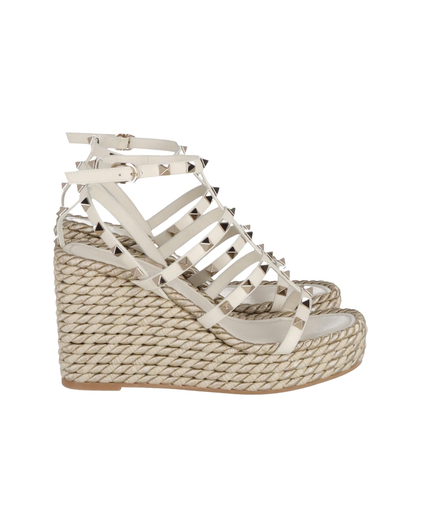 image of Valentino Studded Ivory Wedge Sandals With Calfskin Leather Straps in White/Ivory, Women's (Size 7)