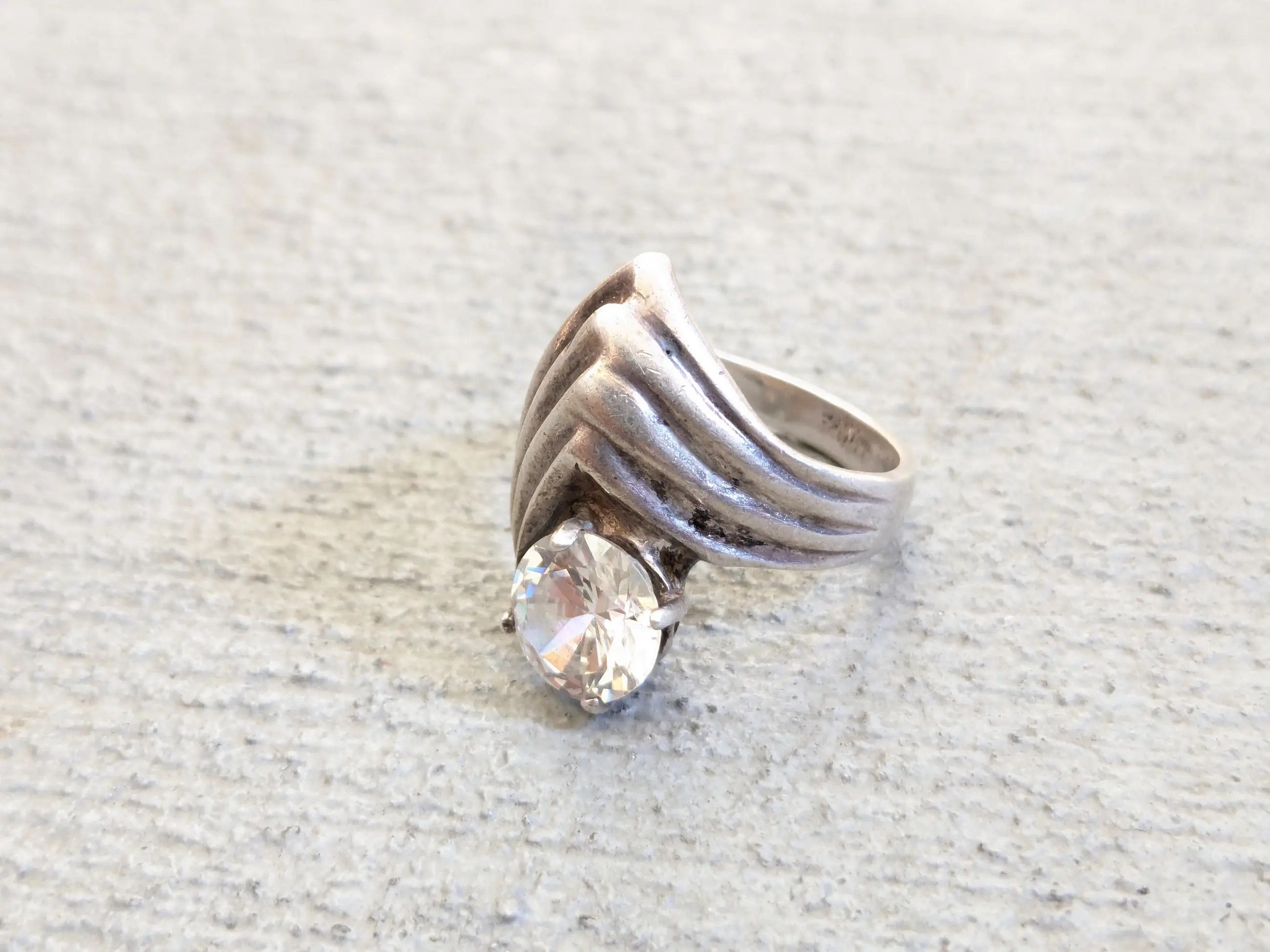 Jewelry × Vintage Sterling Silver Ring CZ Clear Round 7 Mexico Taxco Modern Size ONE SIZE - 4 Thumbnail