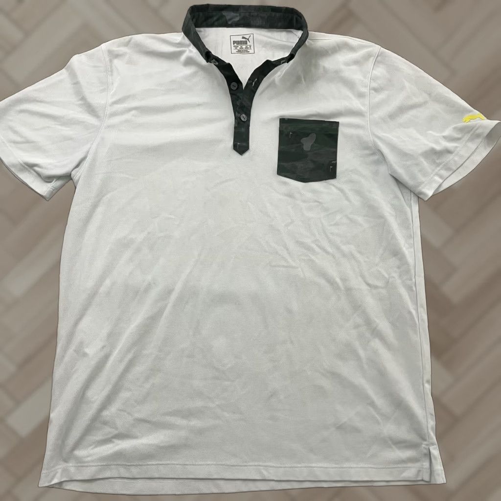 Puma PUMA Short Sleeve Golf Polo Shirt Men L White Green Pocket Camo Button-Up Shirt Size US L / EU 52-54 / 3 - 1 Thumbnail