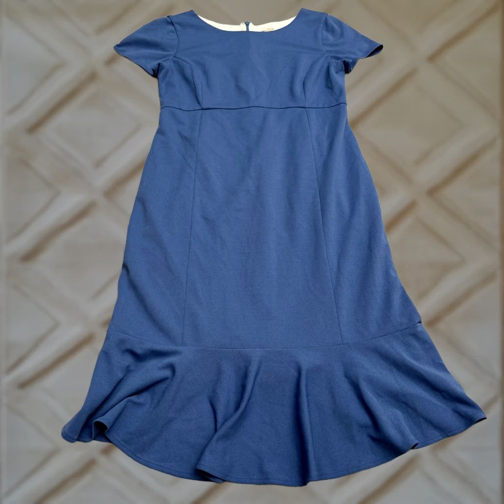 Vintage Paper Crown Midi Sheath Dress Womens Medium Blue Ruffle Hem Short Sleeve Rayon Size 32" / US 10 / IT 46 - 1 Thumbnail