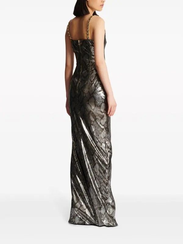 Balmain o1s1wg110825 Python Print Metallic Maxi Dress in Silver Size L / US 10 / IT 46 - 4 Thumbnail