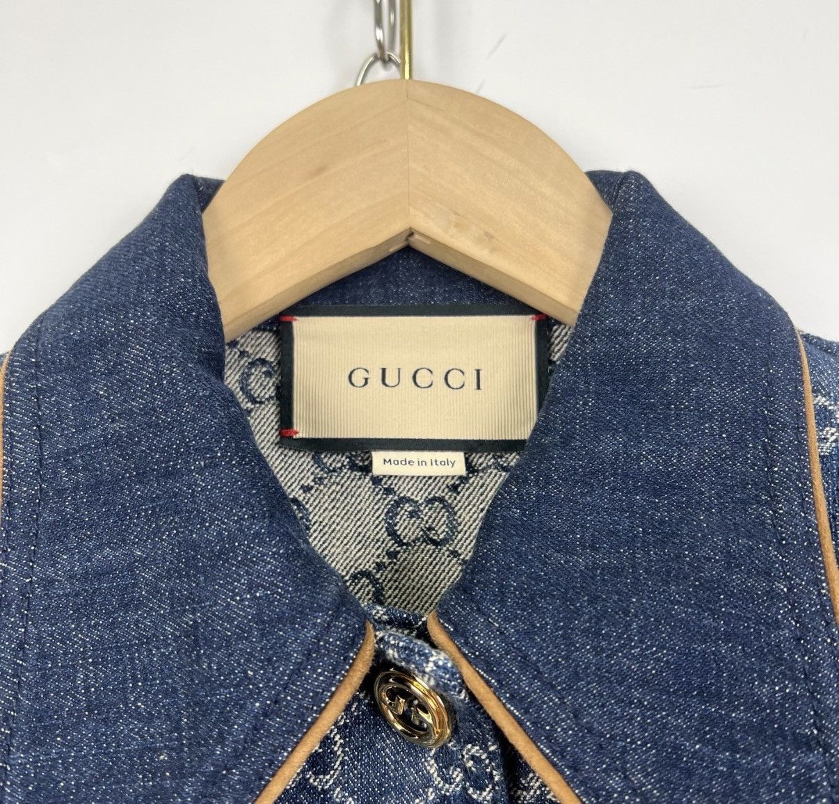 Gucci Gucci Dark Blue All-Over Logo Leather Panel Denim Jacket K12 Size XXS / US 00 / IT 34 - 3 Thumbnail