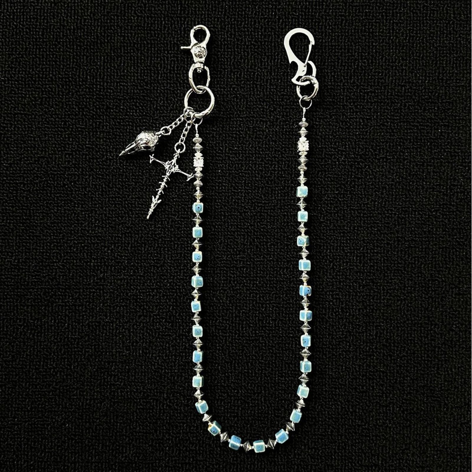 Jewelry Silver Blue Beaded Men’s Chain with Cross Pendant Size ONE SIZE - 4 Thumbnail