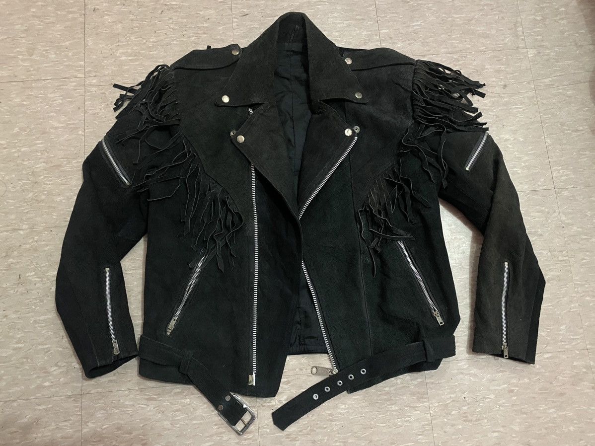 Genuine Leather Mens black double collar genuine suede leather fringe jacket Size US M / EU 48-50 / 2 - 9 Thumbnail