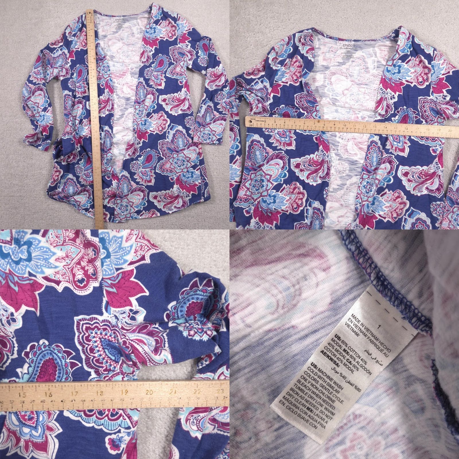 Vintage Chico's Shirt Womens 1 Blue Paisley Open Front Long Sleeve Tunic Top Stretch Shirt Mens? Size XS / US 0-2 / IT 36-38 - 8 Thumbnail