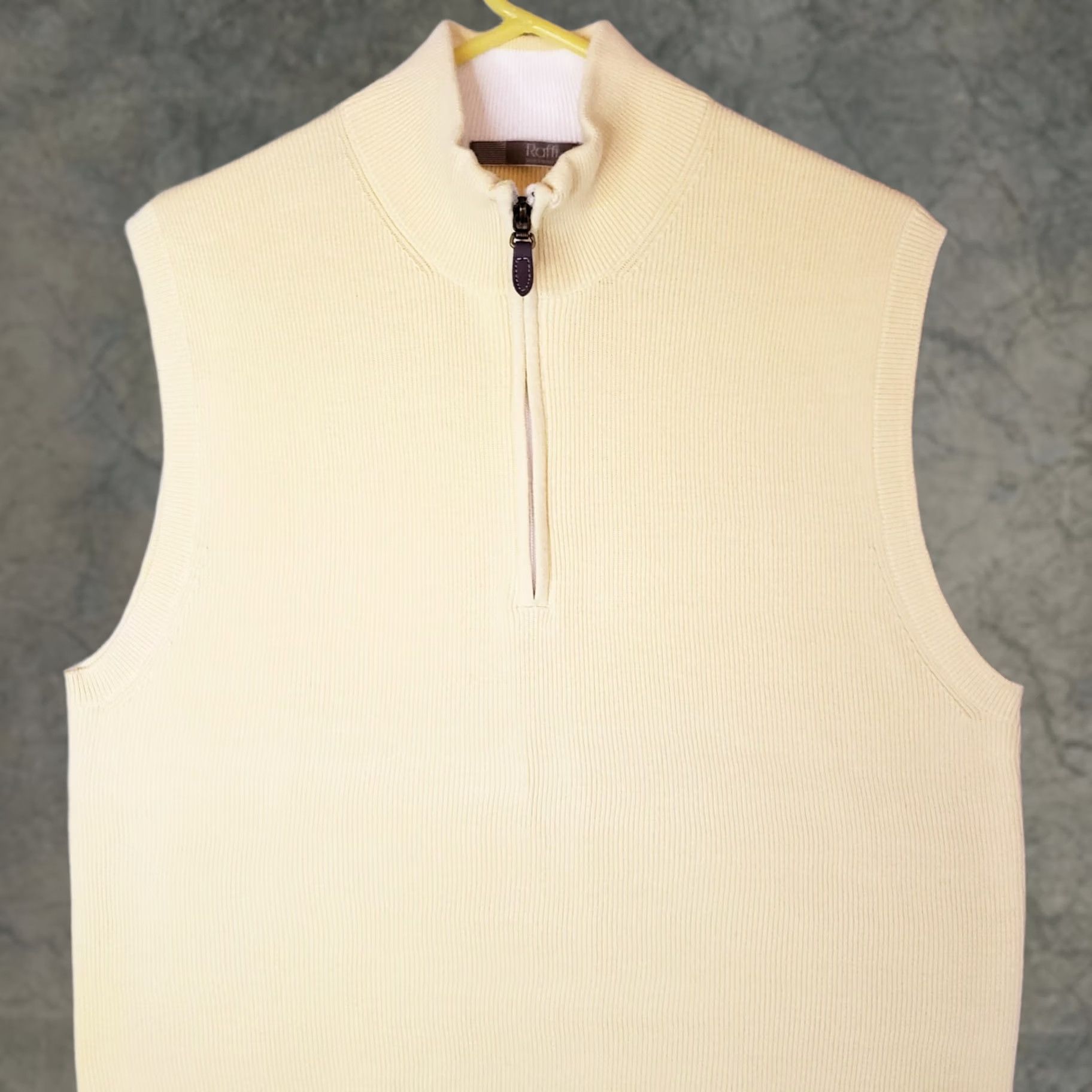 Vintage Raffi Sweater Mens L Yellow Zip Ribbed Knit Cotton Vest Mock Neck Leather Size US L / EU 52-54 / 3 - 1 Thumbnail