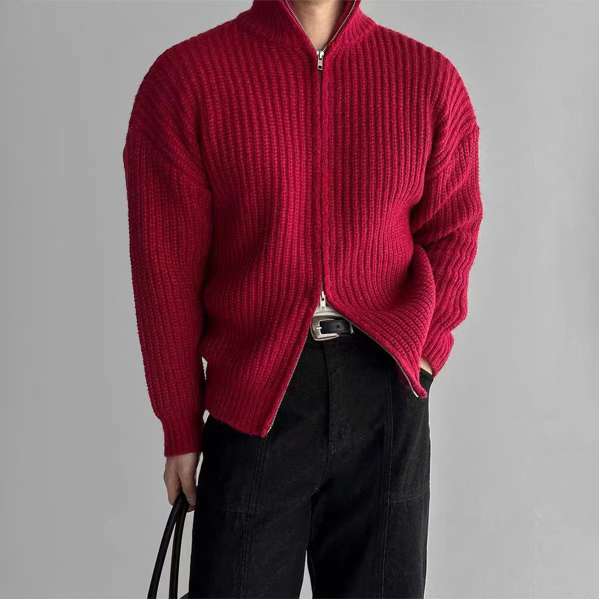 Vintage Double Zipper Red Knit Stand-Up Jacket Coat