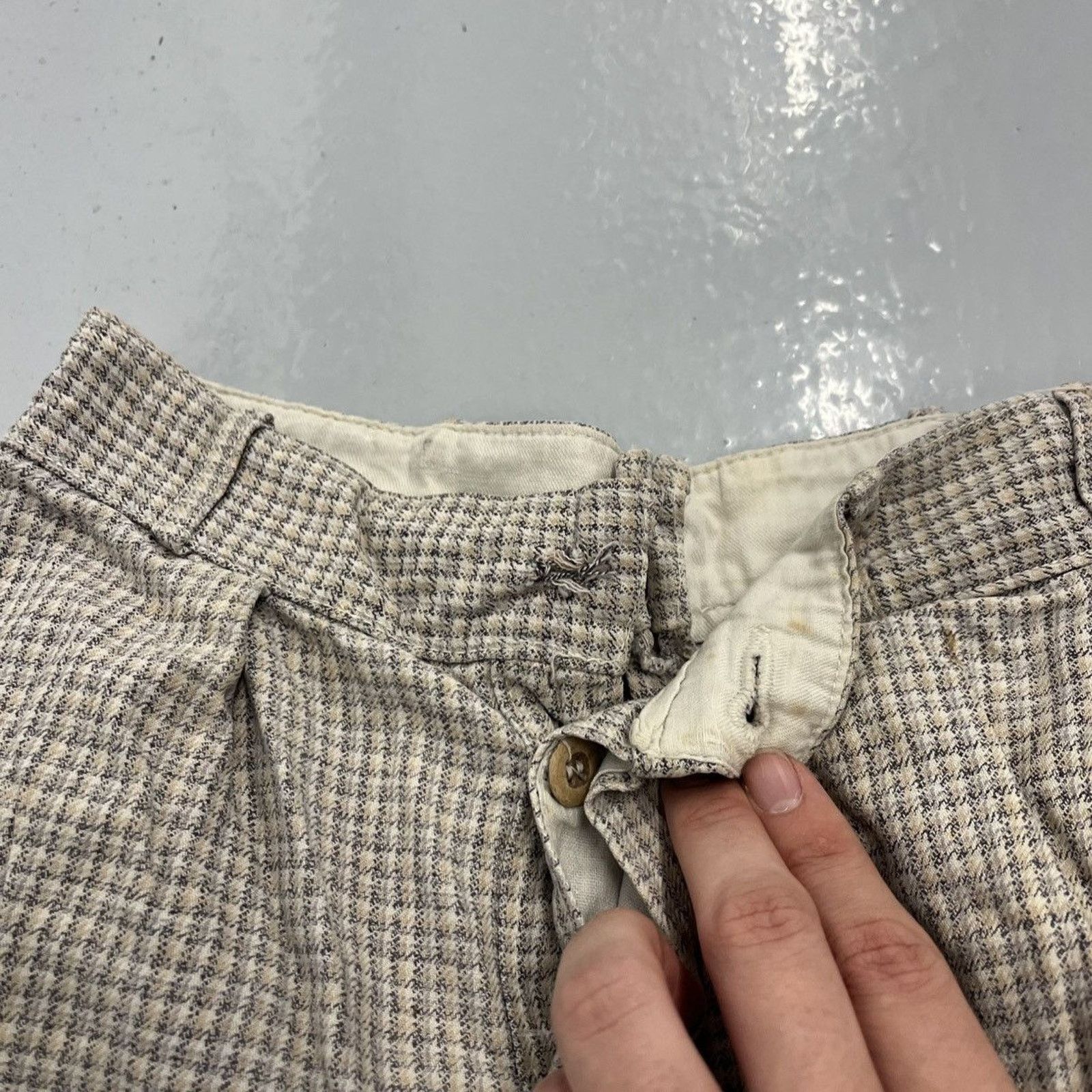 Other Vintage 30s Beige Plaid Cotton Buttonfly Pants 22x25 Size 22" - 4 Thumbnail