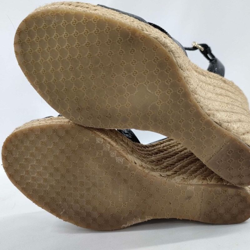 Gucci Gucci Black Patent GG Embossed Raffia Wedge Sandals Sz 38 Size US 8 / IT 38 - 5 Thumbnail