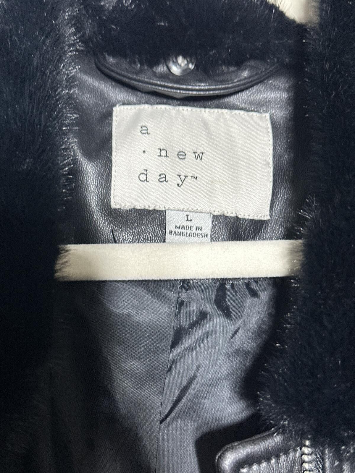 Other wild fable Black Faux Leather Jacket with Faux Fur Collar Size L / US 10 / IT 46 - 6 Thumbnail
