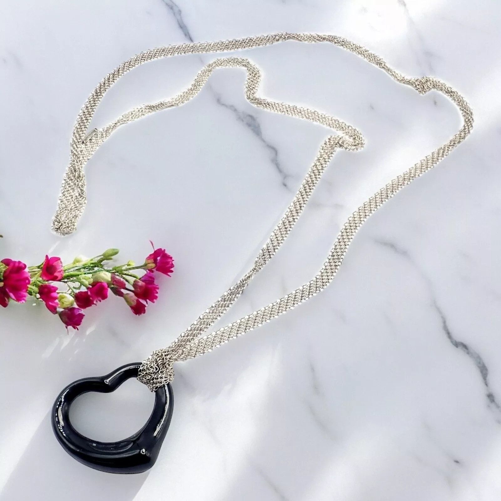Tiffany & Co. Tiffany & Co Silver Open Onyx Heart Pendant 28" Necklace Size ONE SIZE - 2 Thumbnail