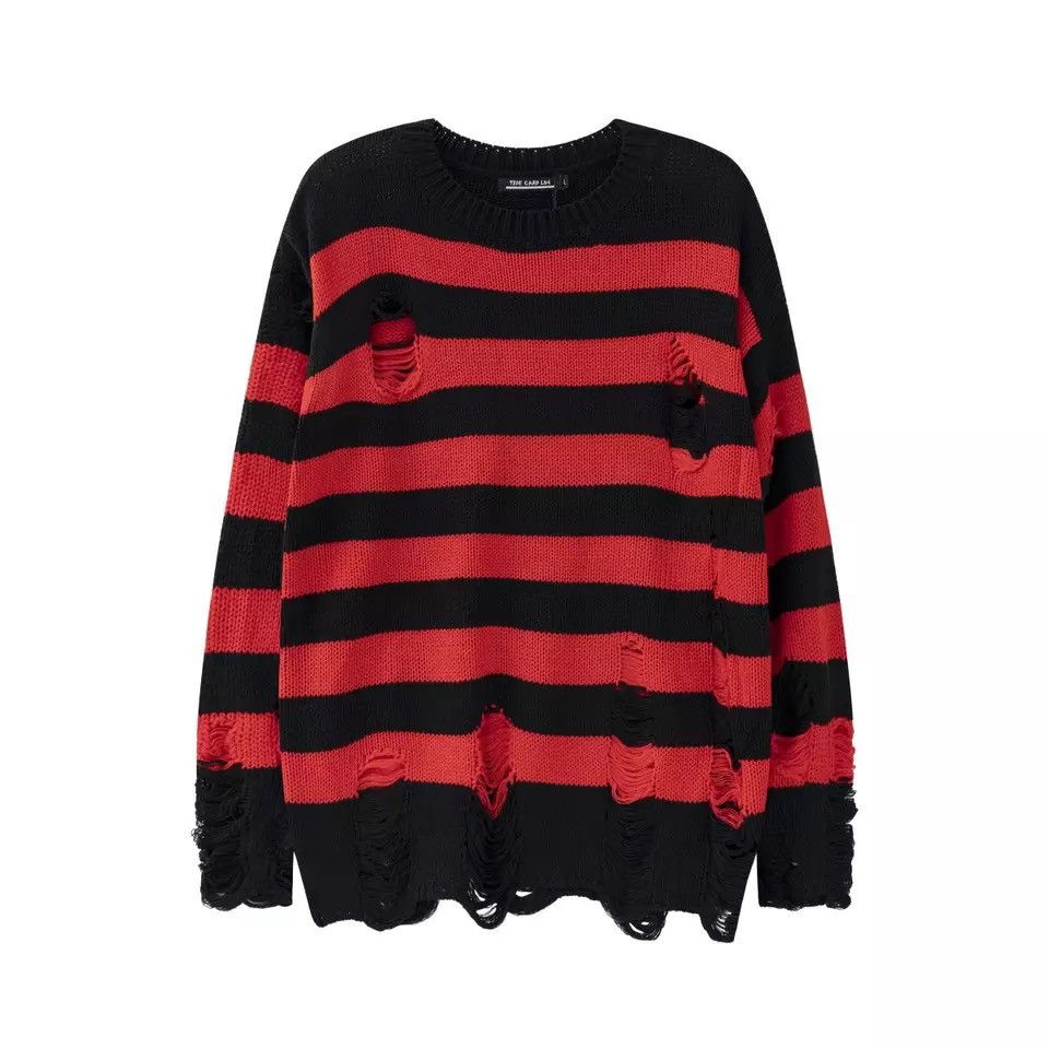 Japanese Brand × Vintage Sweater retro style loose pullover stripes torn holes fringe Size US L / EU 52-54 / 3 - 1 Thumbnail