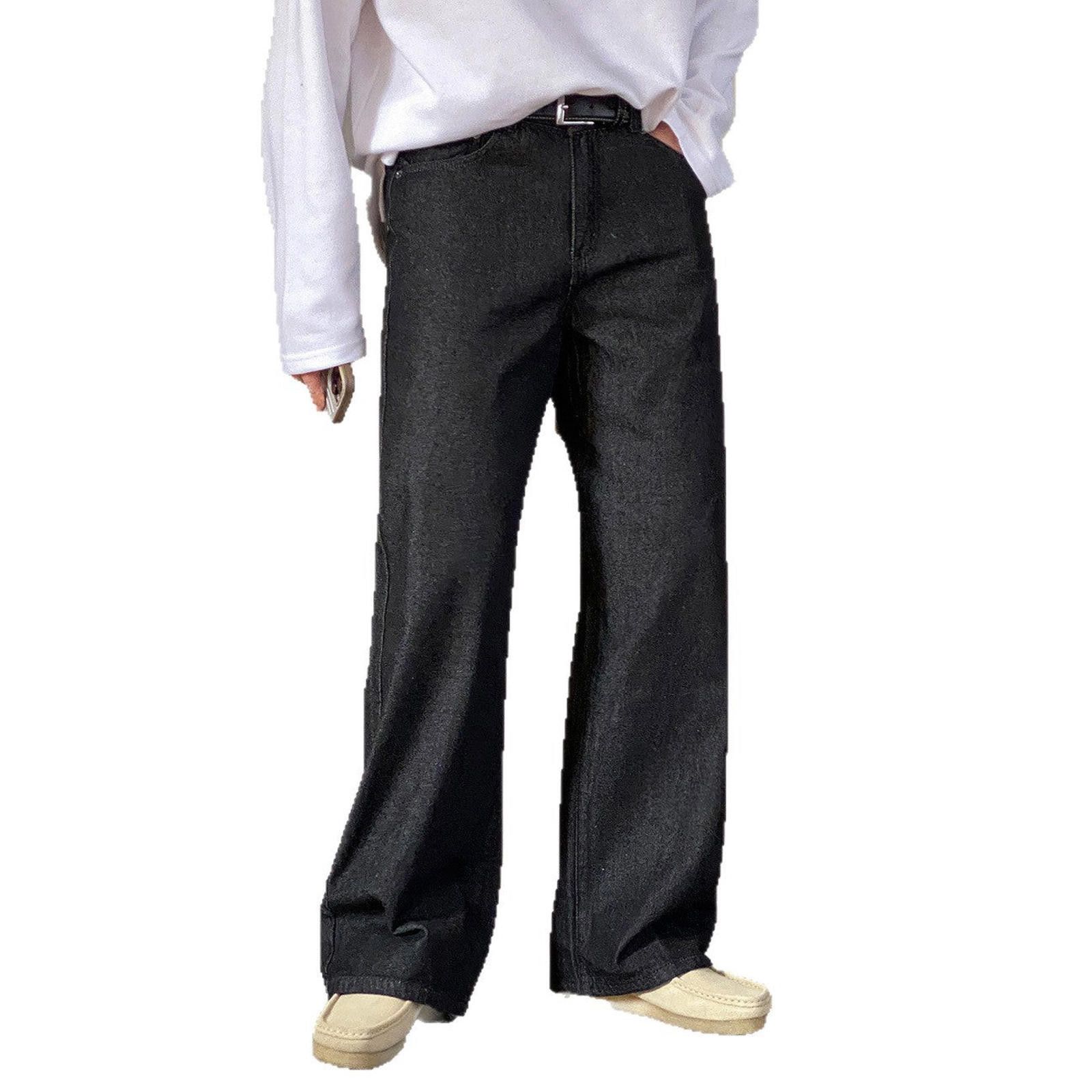 Black Wide Leg Denim Jeans, Loose Fit Men's Pants